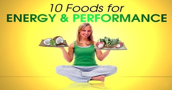 blog picture of lady sitting holding various dishes in both hands with the words ten foods for energy and performance