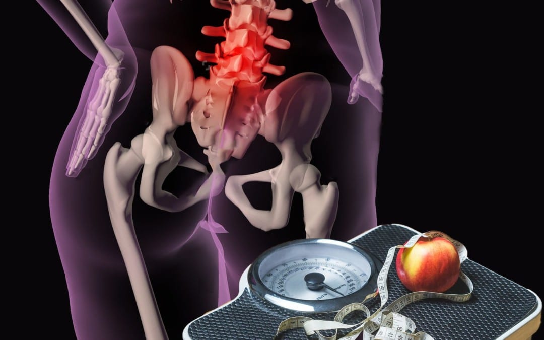 blog illustration of overweight person with back pain and weight scale with apple on top