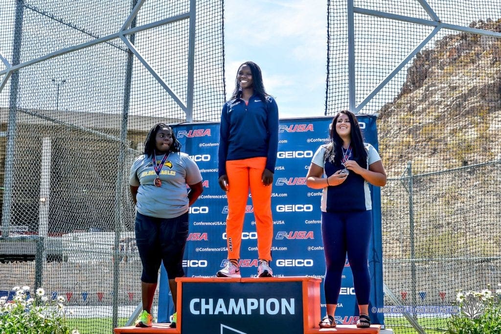 UTEP's Samantha Hall takes the gold medal in the Women's Discus Throw at 2017 CUSA Track and field meet, Kidd Field El Paso Texas