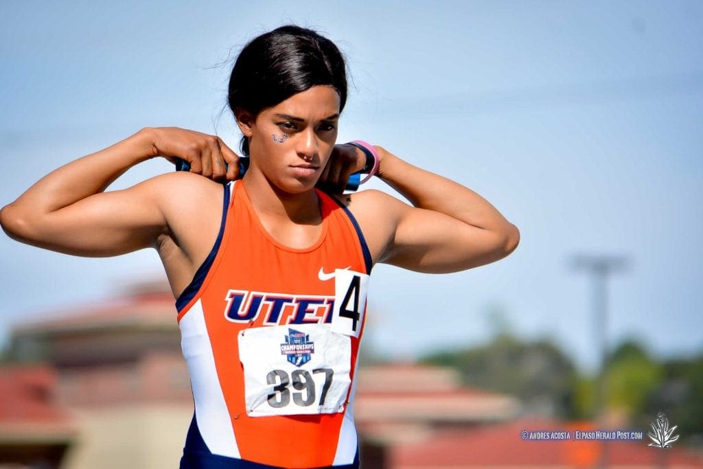 Izzie Ramsay prepares for the 4x100 Women's Final at 2017 CUSA Track and field meet, Finals Kidd Field El Paso Texas