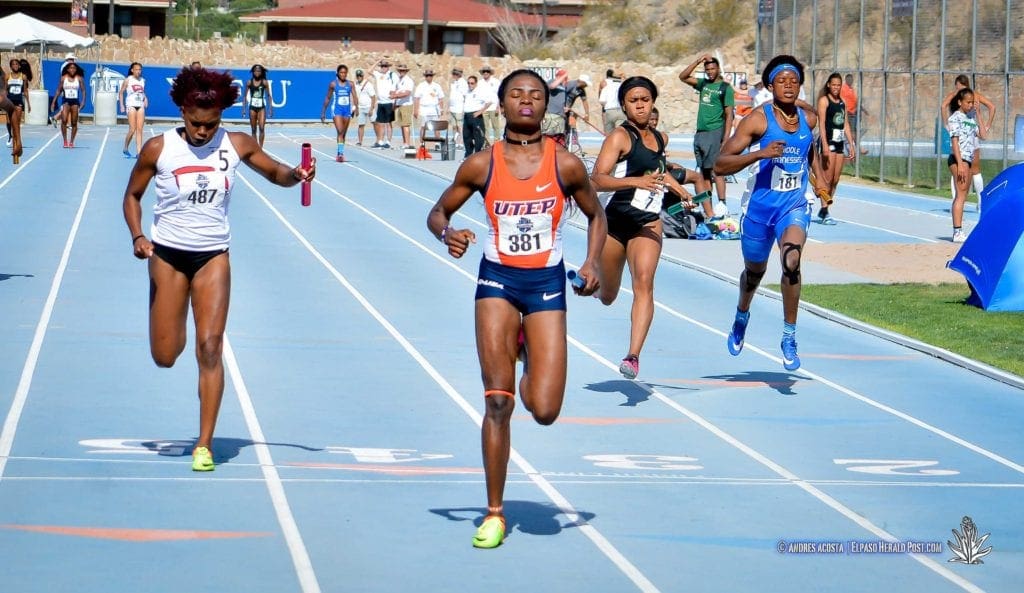 UTEP's Tobi Amusan takes the lead on the last leg of the Women's 4X100 Final at the 2017 CUSA Track and field meet, Finals Kidd Field El Paso Texas