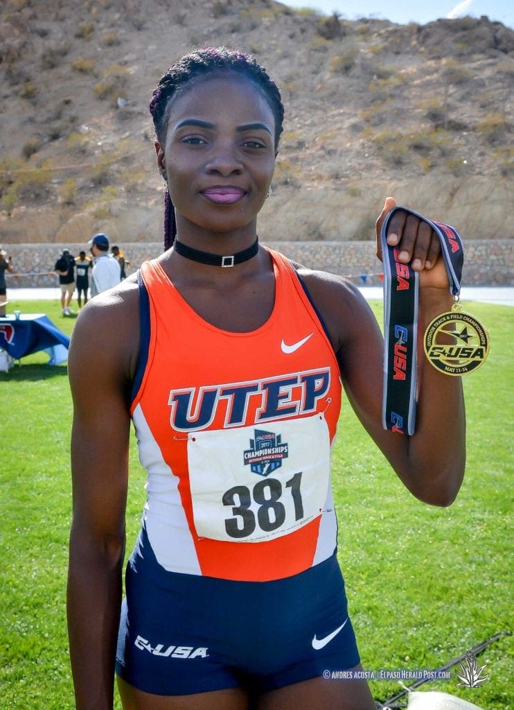 UTEP's Tobi Amusan hold up her 4X100 Gold medal at the 2017 CUSA Track and field meet, Finals Kidd Field El Paso Texas