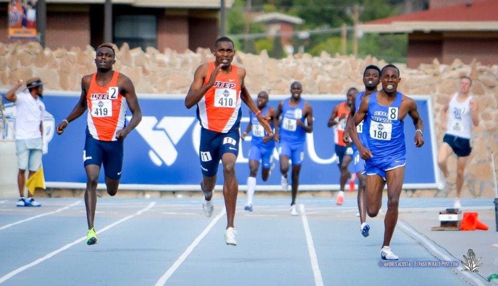 UTEP's Jonah Koech (#410) takes the lead in in the Men's 800 meter dash at the 2017 CUSA Track and field meet, Finals Kidd Field El Paso Texas