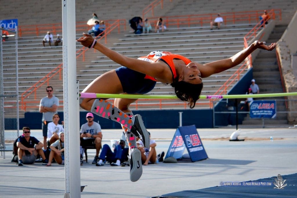 UTEP's Izzie Ramsay at the Women's HIgh Jump at the 2017 CUSA Outdoor Track & Field championships at Kidd Field El Paso Texas